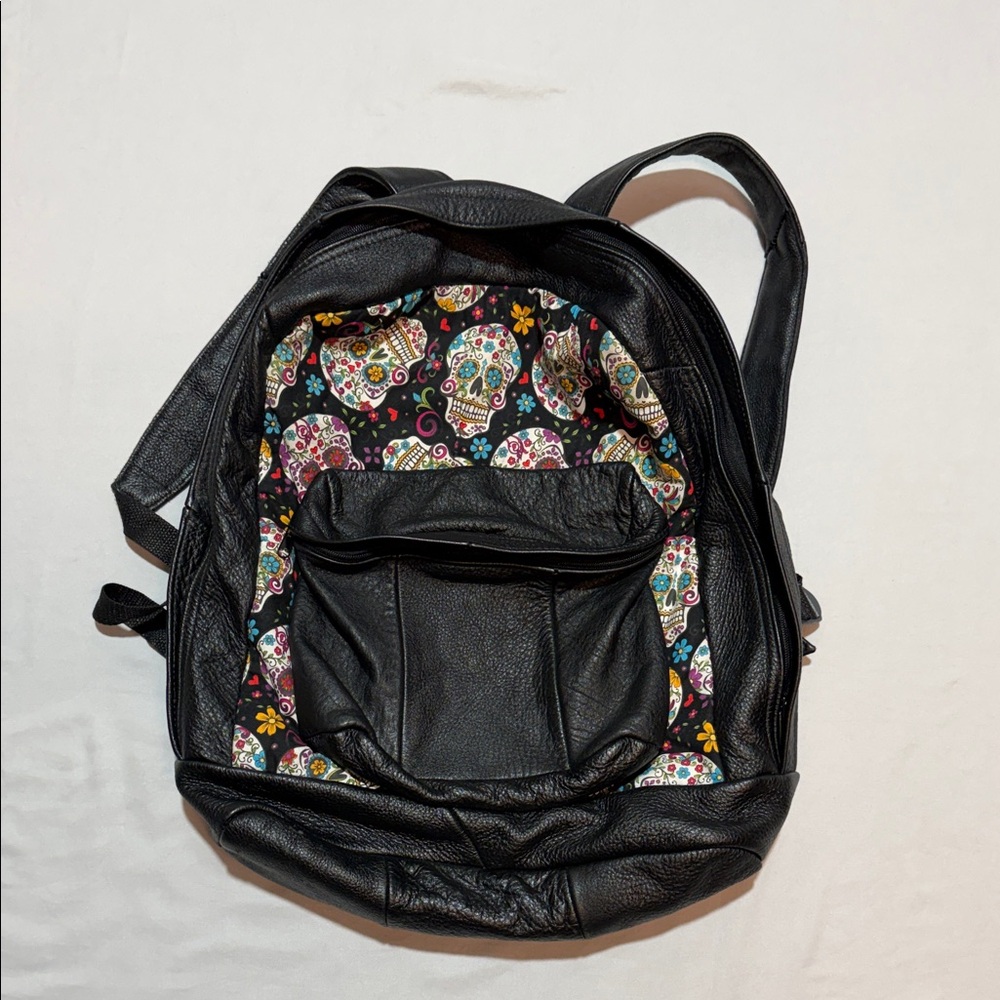 Black Real Leather Backpack with Colorful Sugar Skull Print